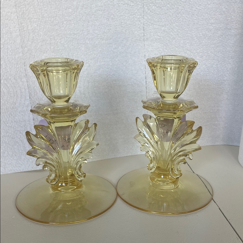Elegant Vintage 1950’s Fostoria Glass Baroque Topaz Yellow Candle Holders